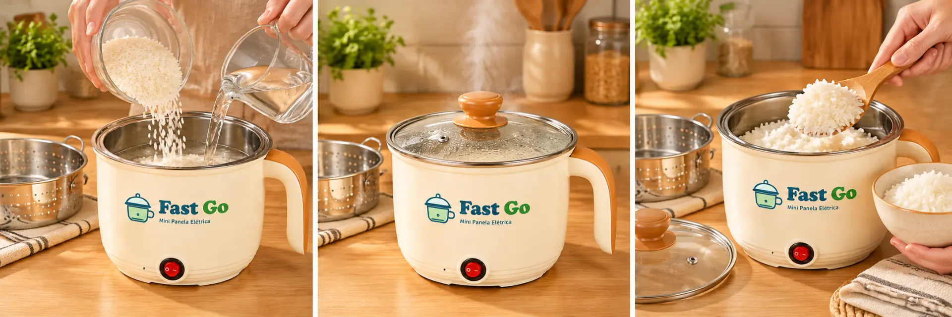 Sequência de três momentos: ingredientes na panela Fast Go, panela tampada ligada e refeição servida