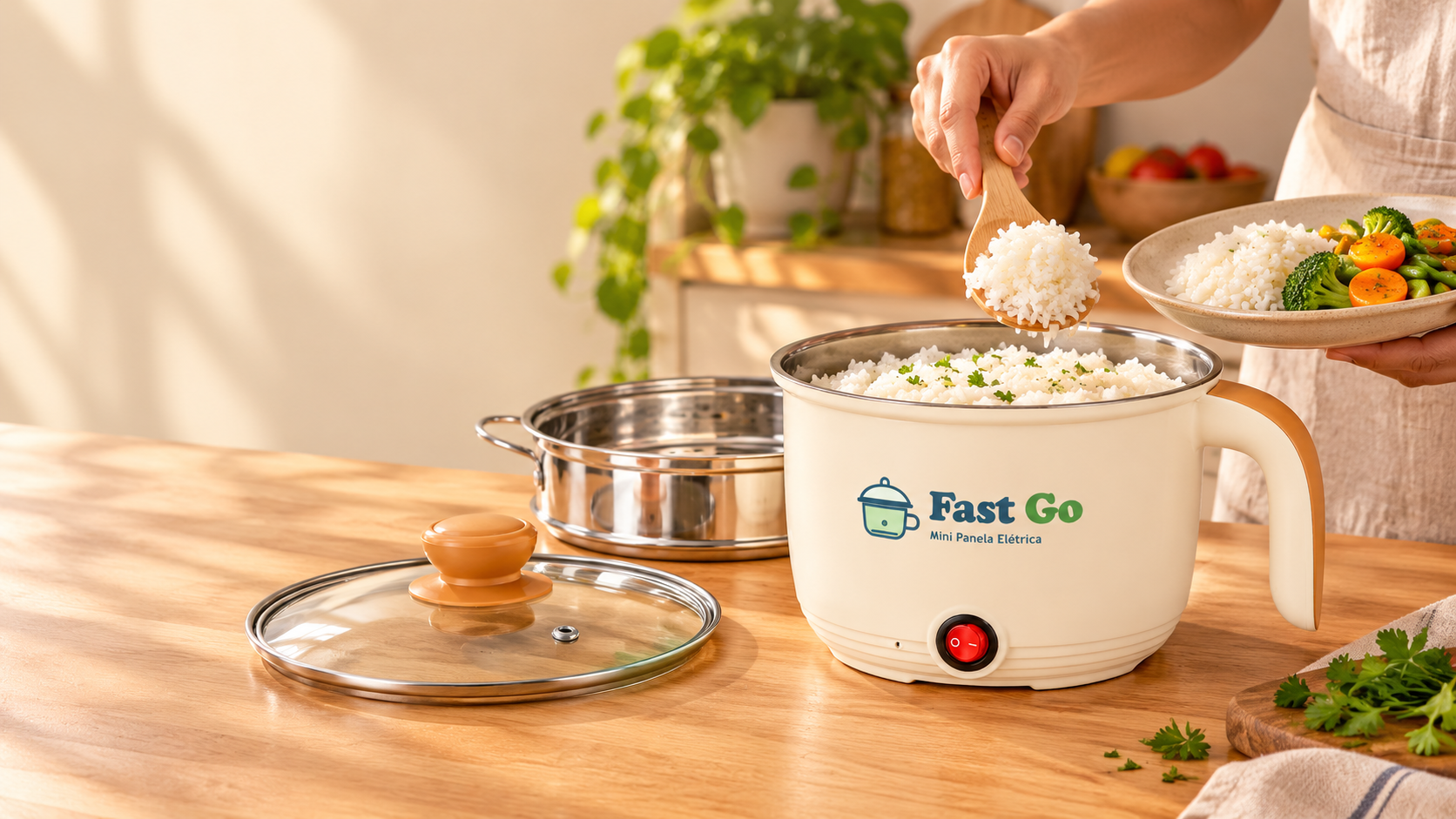 Mesa com refeição simples pronta ao lado da Mini Panela Fast Go